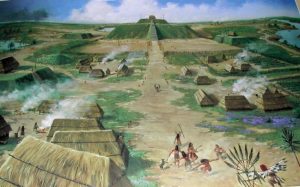 A model of a town from ancient times before European contact, Mississippian Culture period.